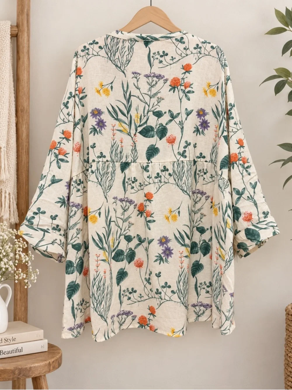 Laura Ashley 2X Linen Rayon Blend Botanical Floral Tunic Blouse 3/4 Sleeve